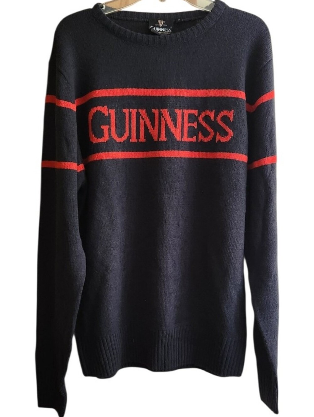 Official Guinness Crewneck Sweater Knit Sweater with Red Guinness Logo Stripes